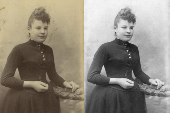 photo ancienne d'une femme prenant la pose avant et après retouches